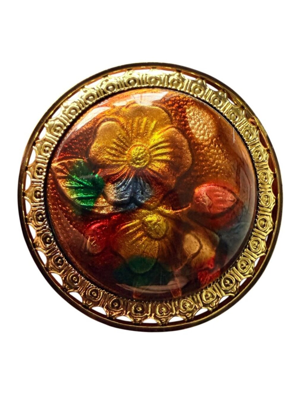 Vintage Reverse Carved Lucite Brooch Gold‎ Tone Floral Pin 1950s New Old Stock